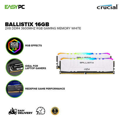 Crucial Ballistix 16GB 2x8 Ddr4 3600Mhz RGB Gaming Memory White - EOL
