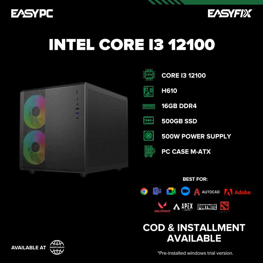 Core i3 12100 / H610 / 16GB DDR4 / 500GB SSD / 500W Power Supply