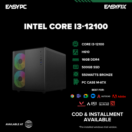 Core i3 12100 / H610 / 16GB DDR4 / 500GB SSD / 550W Power Supply/ PC Case M-ATX