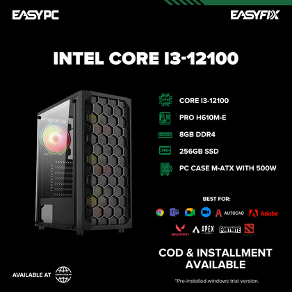 Intel Core i3-12100 / H610M / 8GB DDR4 / 256GB SSD / 500w PSU /  M-ATX Case