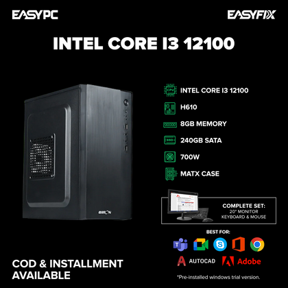 Intel Core i3 12100 / H610 / 8gb 3200mhz /240gb ssd /700w / matx case /20