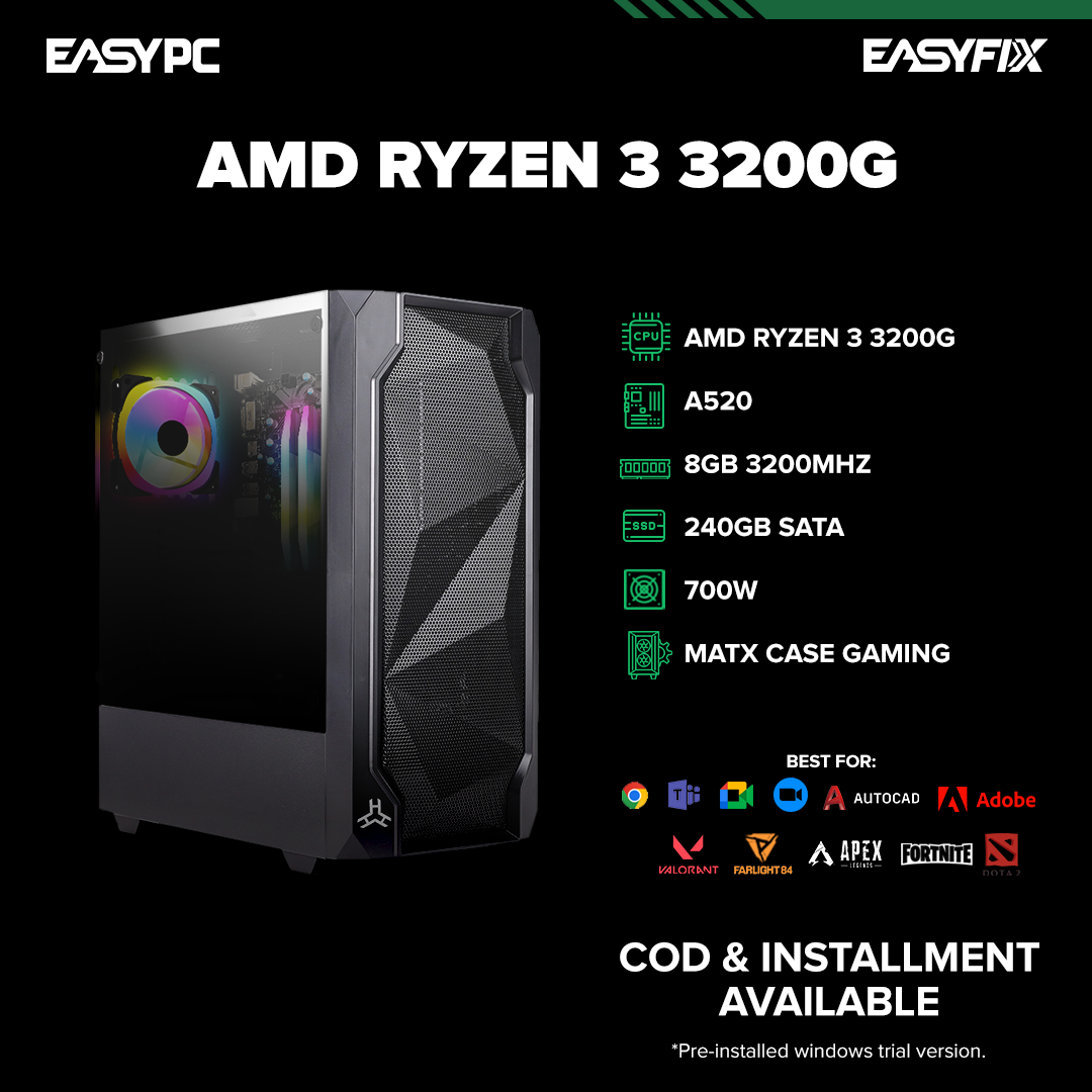 AMD Ryzen 3 3200G A520m 8GB 3200mhz 240gb sata 700w Matx Case Gaming