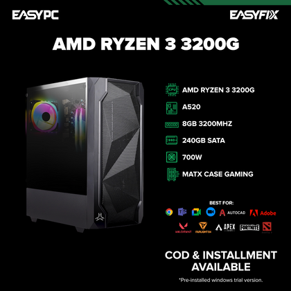 AMD Ryzen 3 3200G / A520m / 8GB 3200mhz / 240gb sata / 700w / Matx Case Gaming Pre-build