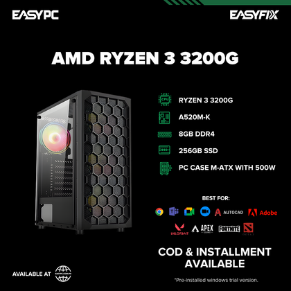 Ryzen 3 3200G / A520 / 8GB DDR4 / 256GB SSD / 500w PSU /  PC Case M-ATX