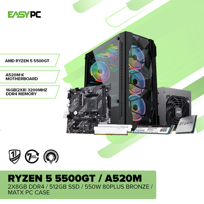 AMD Ryzen 5 5500GT Gaming Desktop PC - Zen 3 6-Core APU | A520M | 8GB DDR4 | 512GB NVMe SSD | 550W 80Plus Bronze