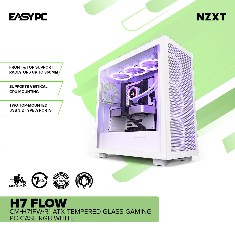 NZXT H7 Flow CM-H71FW-R1 ATX Tempered Glass Gaming PC Case RGB White –  EasyPC