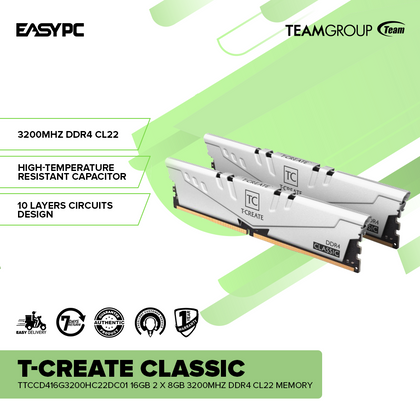 TEAMGROUP T-Create Classic TTCCD416G3200HC22DC01 16GB 2 x 8GB 3200MHz DDR4 CL22 Memory