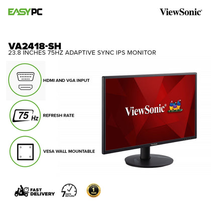 Viewsonic VA2418-SH 23.8 Inches 75Hz Adaptive Sync IPS Eye-Care technology, HDMI & VGA, Eco Mode Input Superior ViewMode  VESA wall mountable Monitor