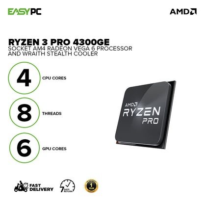 AMD Ryzen 3 Pro 4300GE Socket Am4 3.5ghz with Radeon Vega 6 Processor with Wraith Stealth Cooler MPK