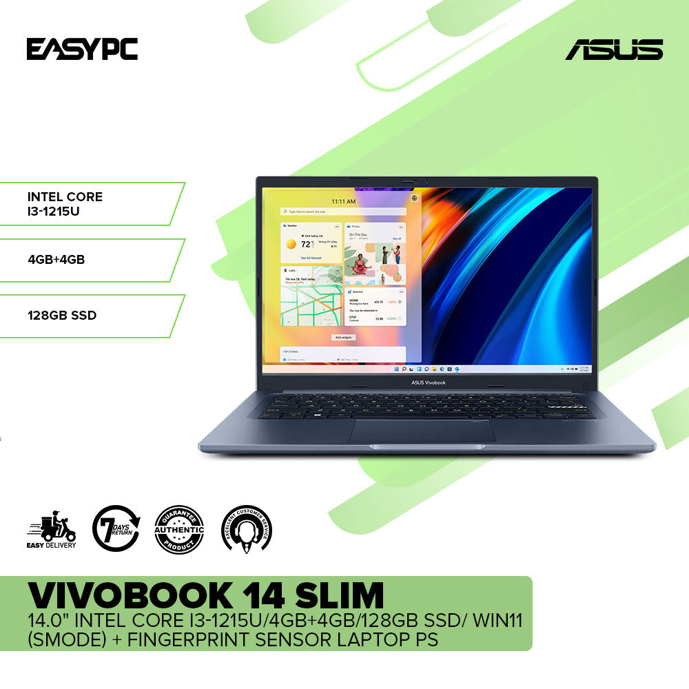 ASUS VivoBook 14 Slim Laptop, 14 FHD Display, Intel Core i3-1215U CPU,  Intel UHD Graphics, 4GB DDR4 RAM, 128GB SSD, Fingerprint Sensor, Windows 11