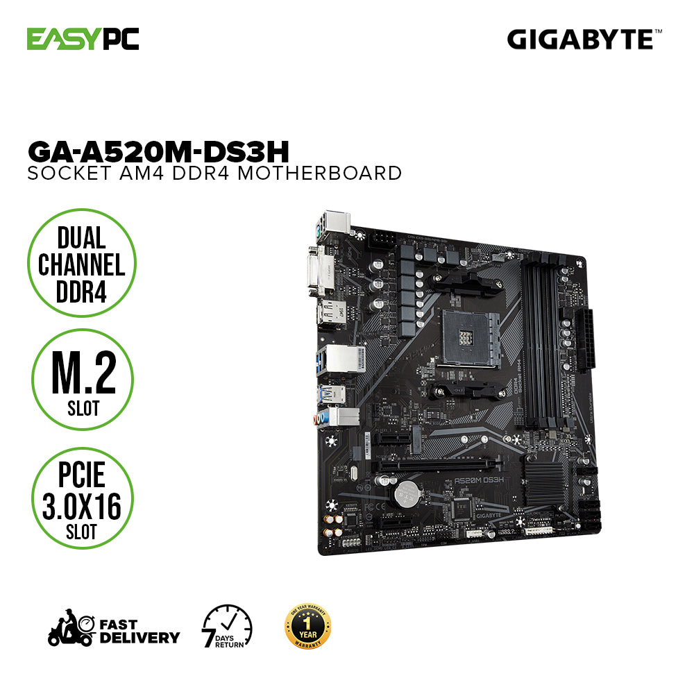 GIGABYTE A520M DS3H mATX AM4 5+3 Phases Digital PWM, GIGABYTE Gaming GbE  LAN, NVMe PCIe 3.0 x4 M.2, 3 Display Interfaces, Q-Flash Plus, RGB Fusion