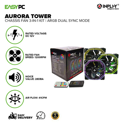 InPlay Aurora Tower 120mm 3in1 Chassis Fan with Hub and Remote Control ARGB