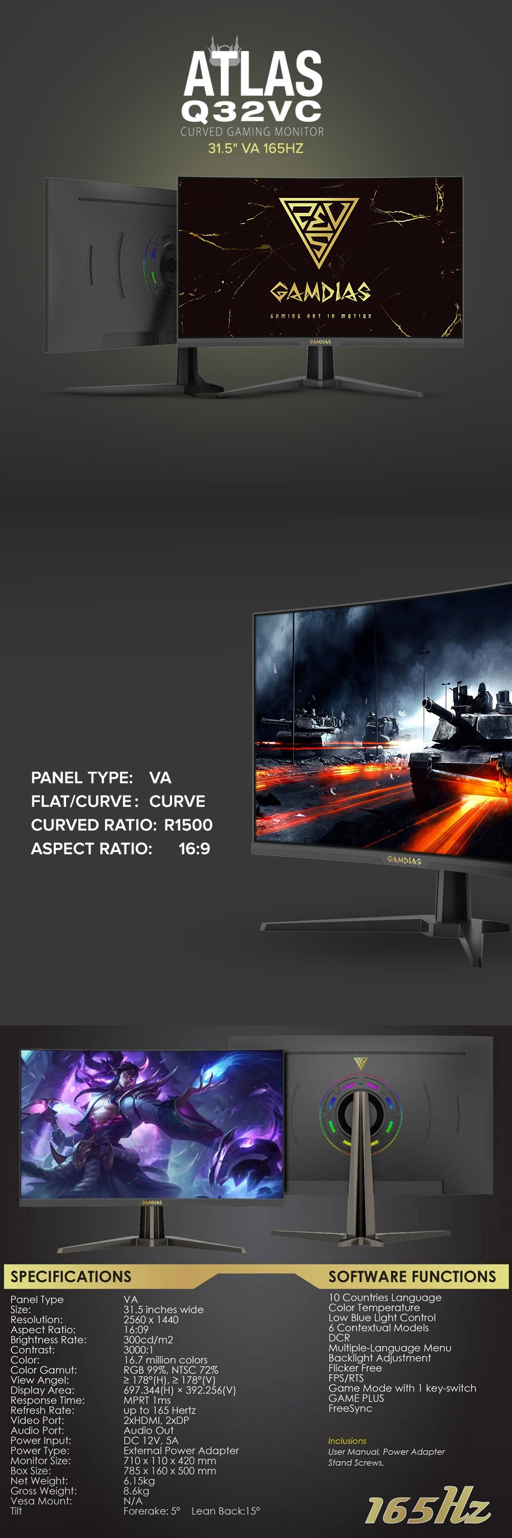 GAMDIAS ATLAS Q32VC 31.5" VA 165Hz Curve Gaming Monitor – EasyPC