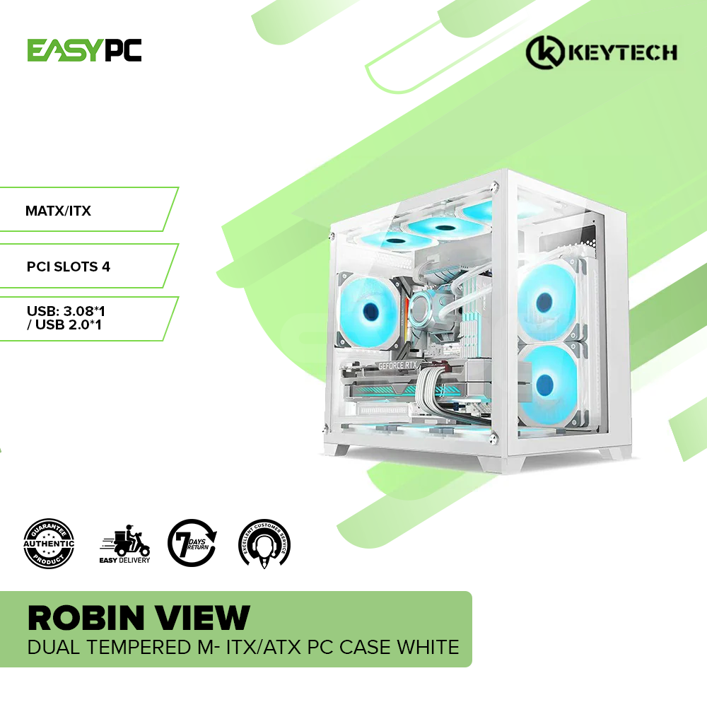 Keytech Robin View Dual Tempered M- ITX/ATX PC Case White – EasyPC