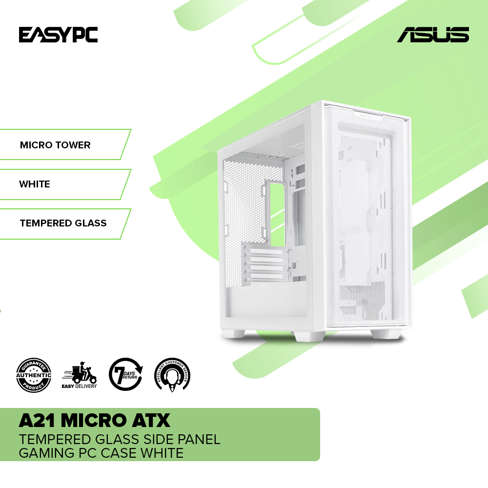 Asus A21 Micro ATX Tempered Glass Side Panel Gaming PC Case White