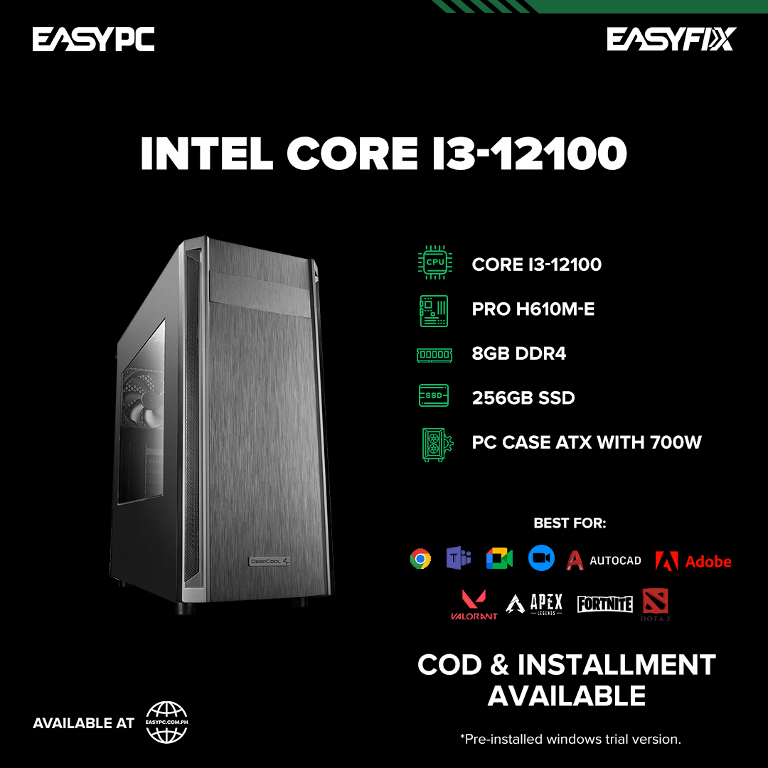 Core i3 12100 / H610 / 8GB DDR4 / 256GB SSD / 700w Power Supply / PC Case ATX
