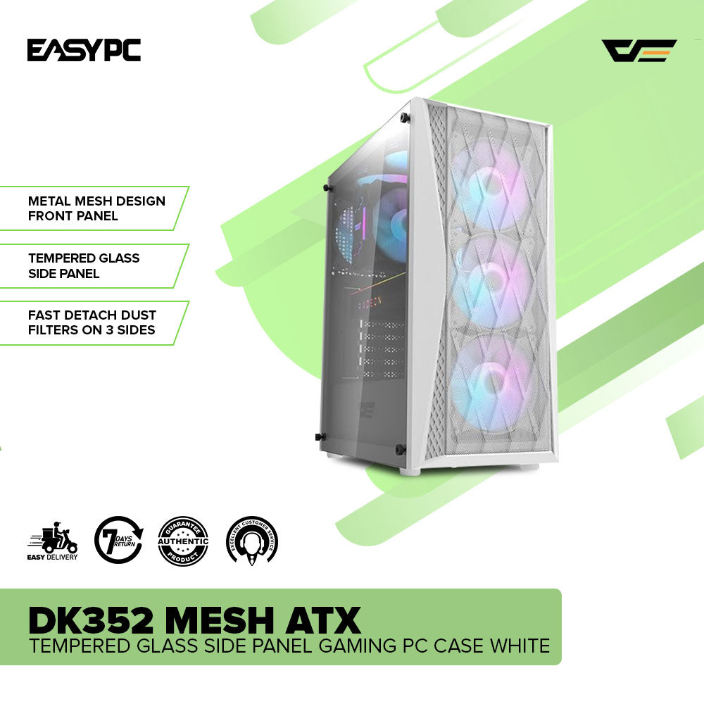 DarkFlash DK352 Mesh ATX Tempered Glass Side Panel Gaming PC Case Whit ...