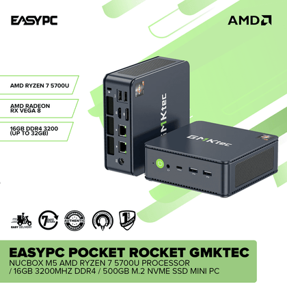 EasyPC Pocket Rocket GMKtec Nucbox M5 AMD Ryzen 7 5700U Processor / 16GB 3200MHZ DDR4 / 500GB M.2 NVMe SSD Mini PC