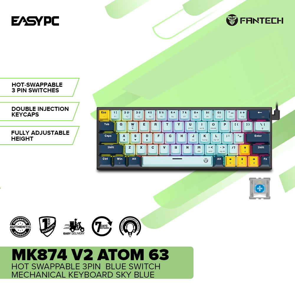 Fantech MK874 V2 Atom 63 Hot swappable 3pin Blue switch Mechanical Keyboard Sky Blue-a