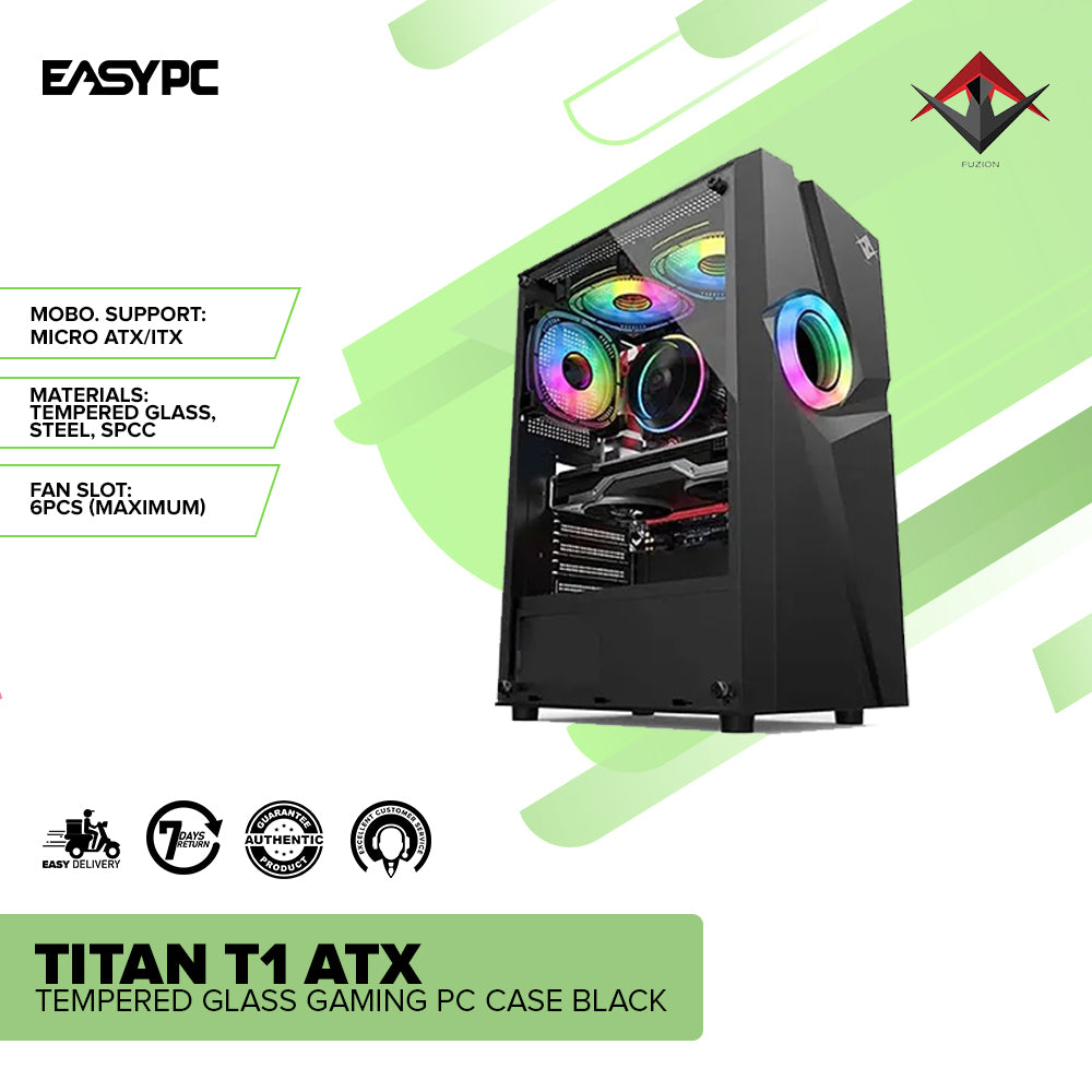 Fuzion Titan T1 ATX Tempered Glass Gaming PC Case Black – EasyPC