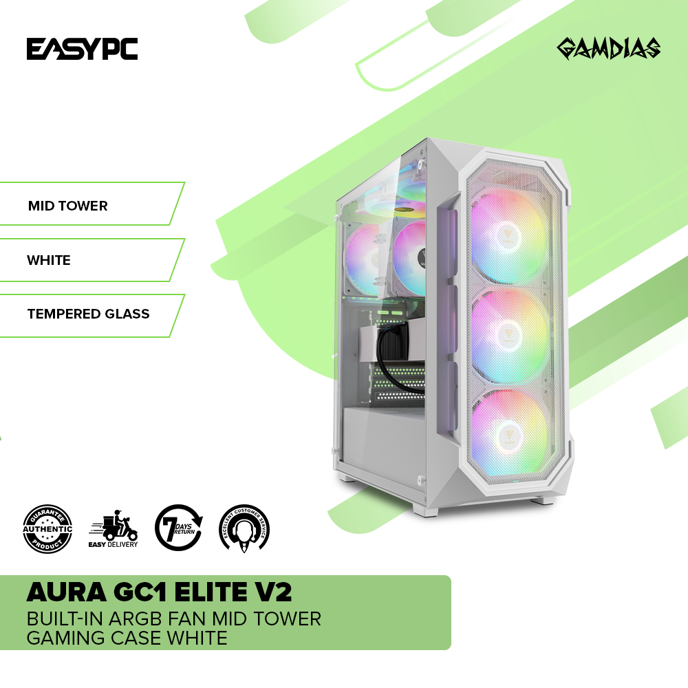 Gamdias Aura GC1 Elite V2 Built-in ARGB Fan Mid Tower Gaming Case White