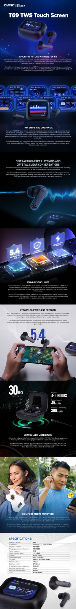 ILISTEN T69 Black Touch Screen Bluetooth TWS
