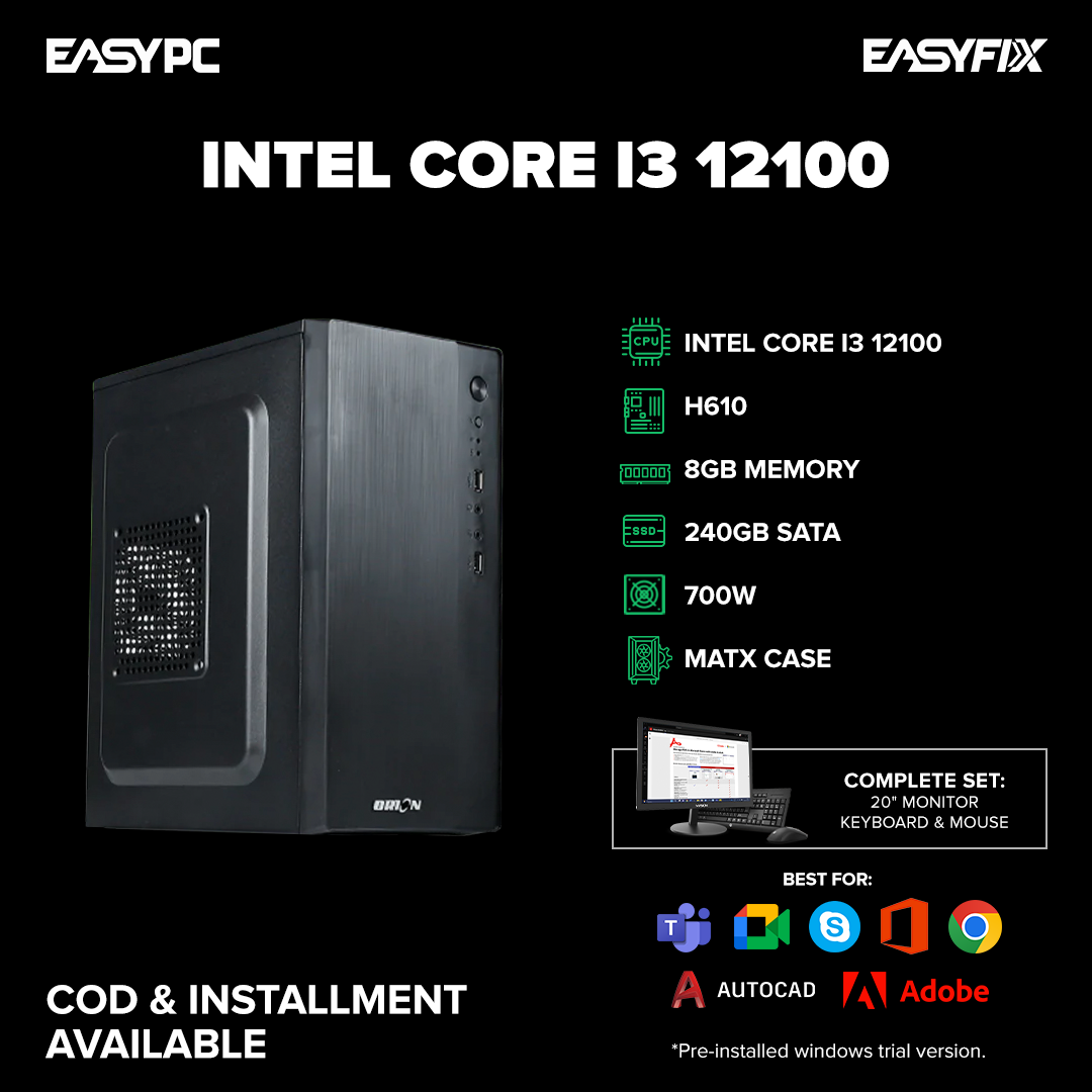 Intel Core i3 12100 / H610 / 8gb 3200mhz /240gb ssd /700w / matx case /20
