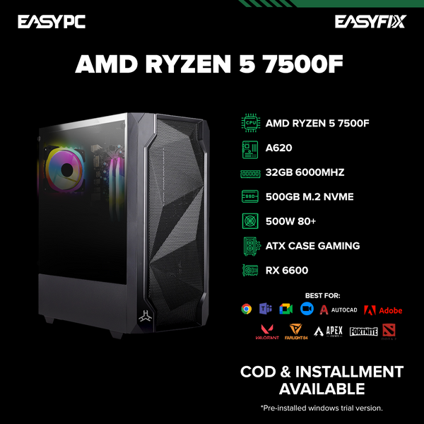 AMD Ryzen 5 7500F / A620M / RX 6600 / 32GB 6000MHz / 500GB M.2 NVME / 500W / ATX CASE GAMING