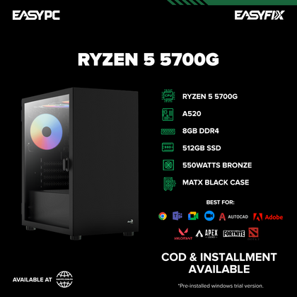 KIT.9746 Ryzen 7 5700G / A520 / 8GB DDR4 / 512GB SSD / 550W 80+ Bronze / MATX Pc Case