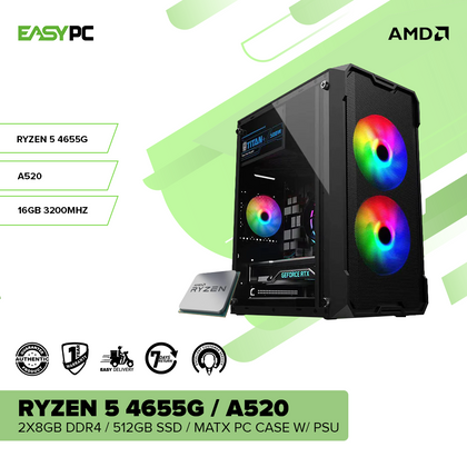 Ryzen 5 4655G / A520 / 2x8GB DDR4 / 512GB SSD / MATX Pc Case w/ PSU Desktop Computer