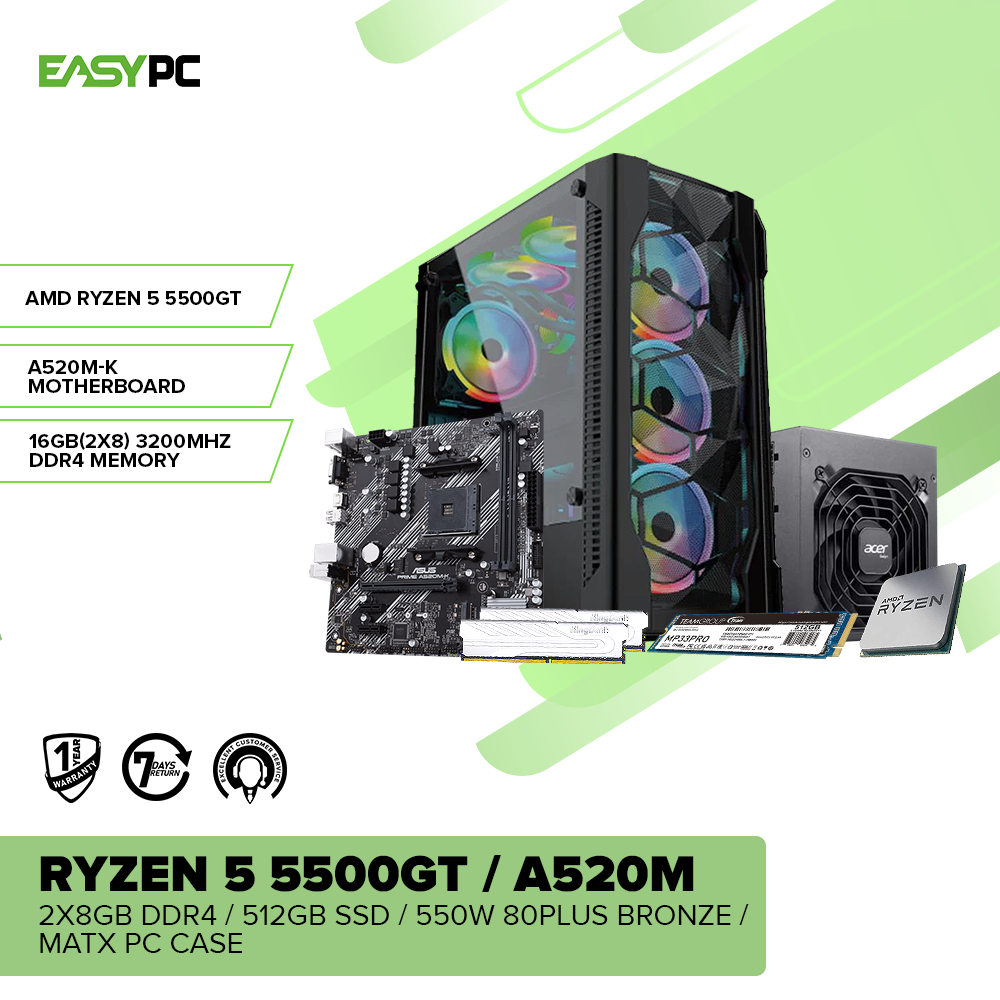 AMD Ryzen 5 5500GT Gaming Desktop | A520M | 512GB NVMe | 550W