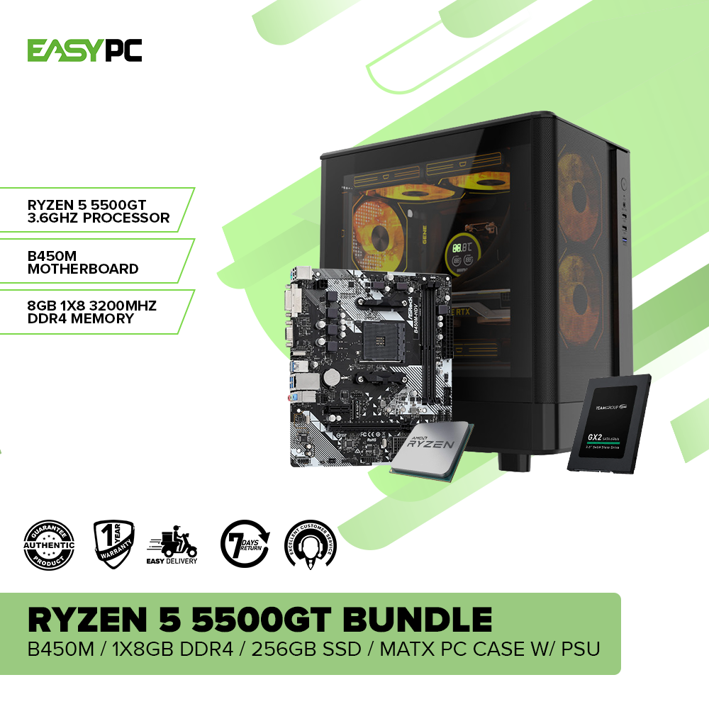 Ryzen 5 5500GT / B450M / 1x8GB DDR4 / 256GB SSD / MATX Pc – EasyPC