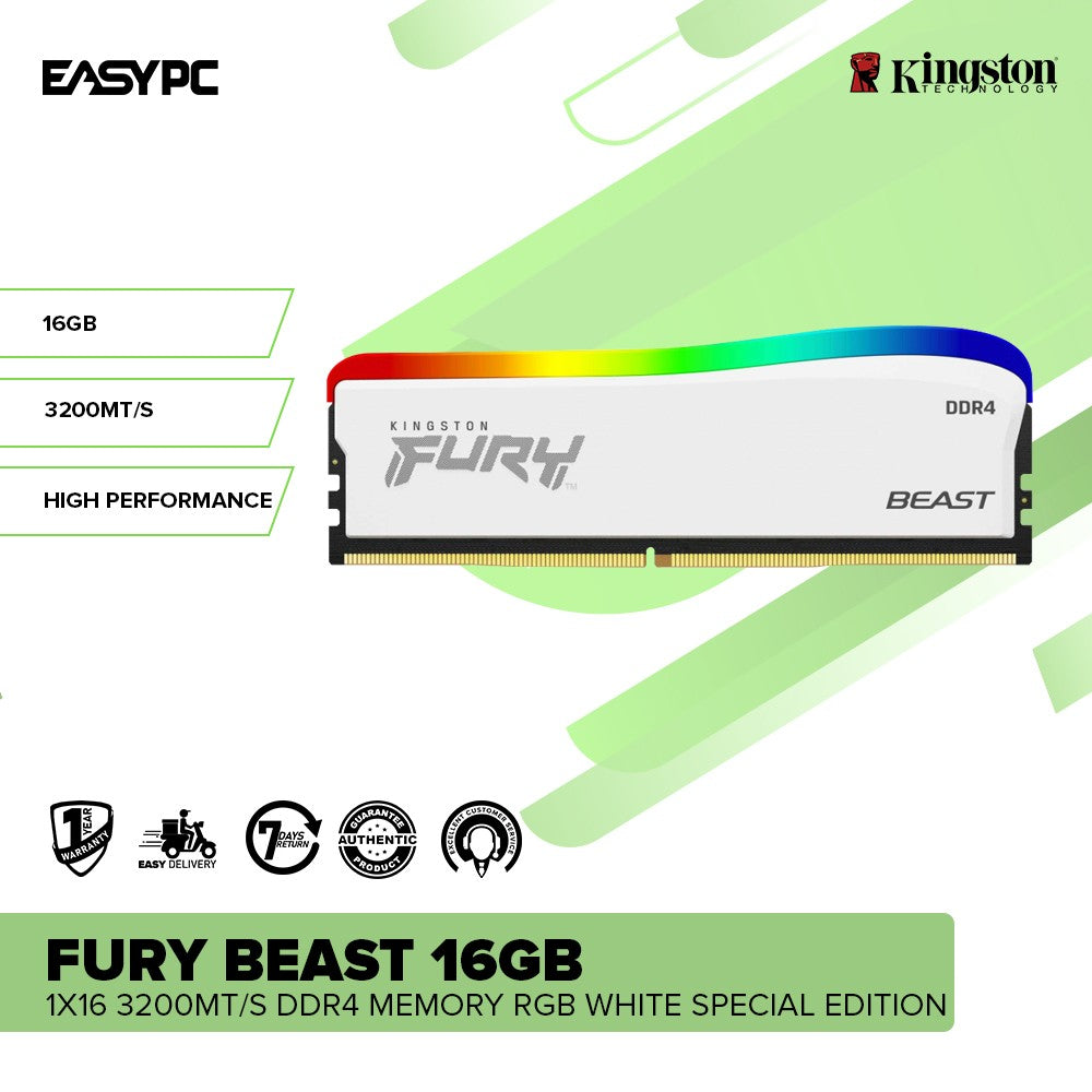 Kingston Fury Beast 16GB 1x16 3200MT/s DDR4 Memory RGB White Special Edition