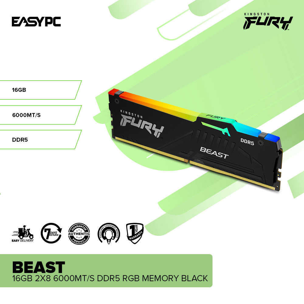 Kingston Fury Beast 16GB 2x8 6000MT/s DDR5 RGB Memory Black