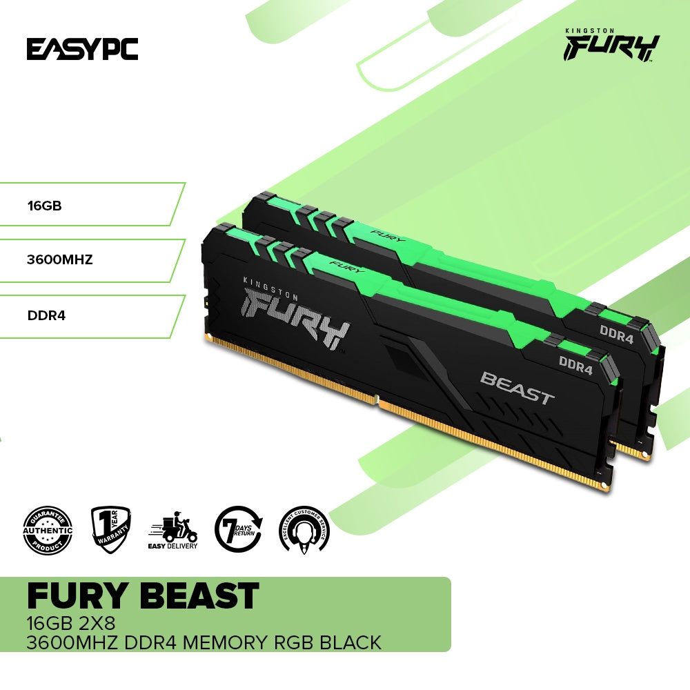 Kingston Fury Beast 16gb 2x8 3600MT/s Ddr4 Memory RGB Black