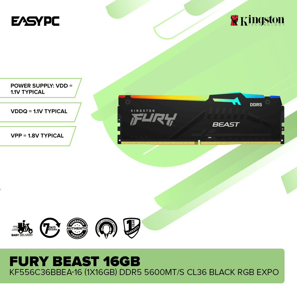 Kingston Fury Beast KF556C36BBEA-16 16GB (1x16GB) DDR5 5600MT/s CL36 Black RGB EXPO