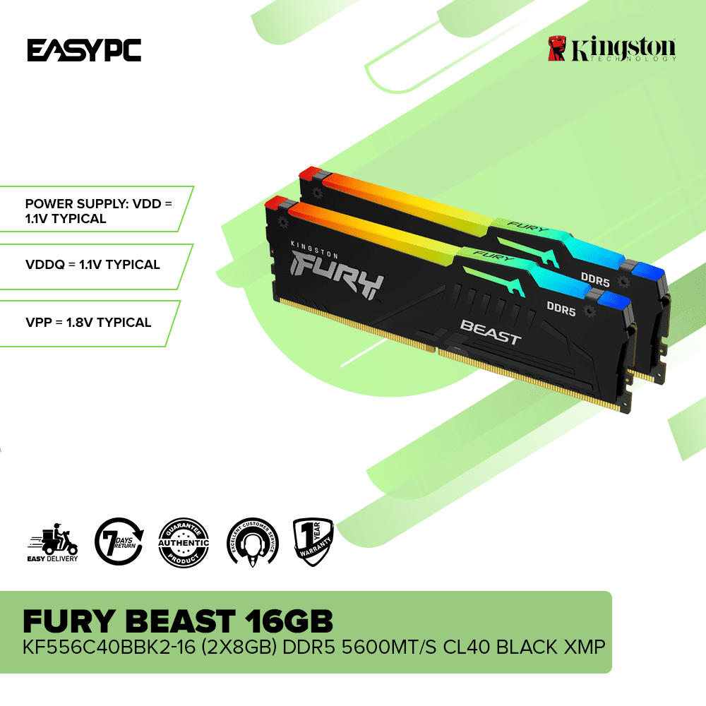 Kingston Fury Beast KF556C40BBK2-16 16GB (2x8GB) DDR5 5600MT/s CL40 Black XMP