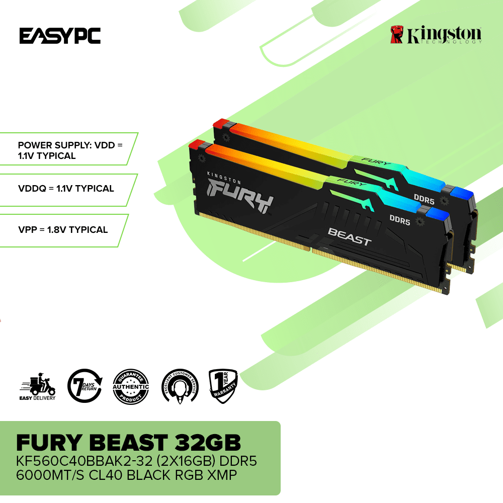 Kingston Fury Beast KF560C40BBAK2-32 32GB (2x16GB) DDR5 6000MT/s CL40 Black RGB XMP