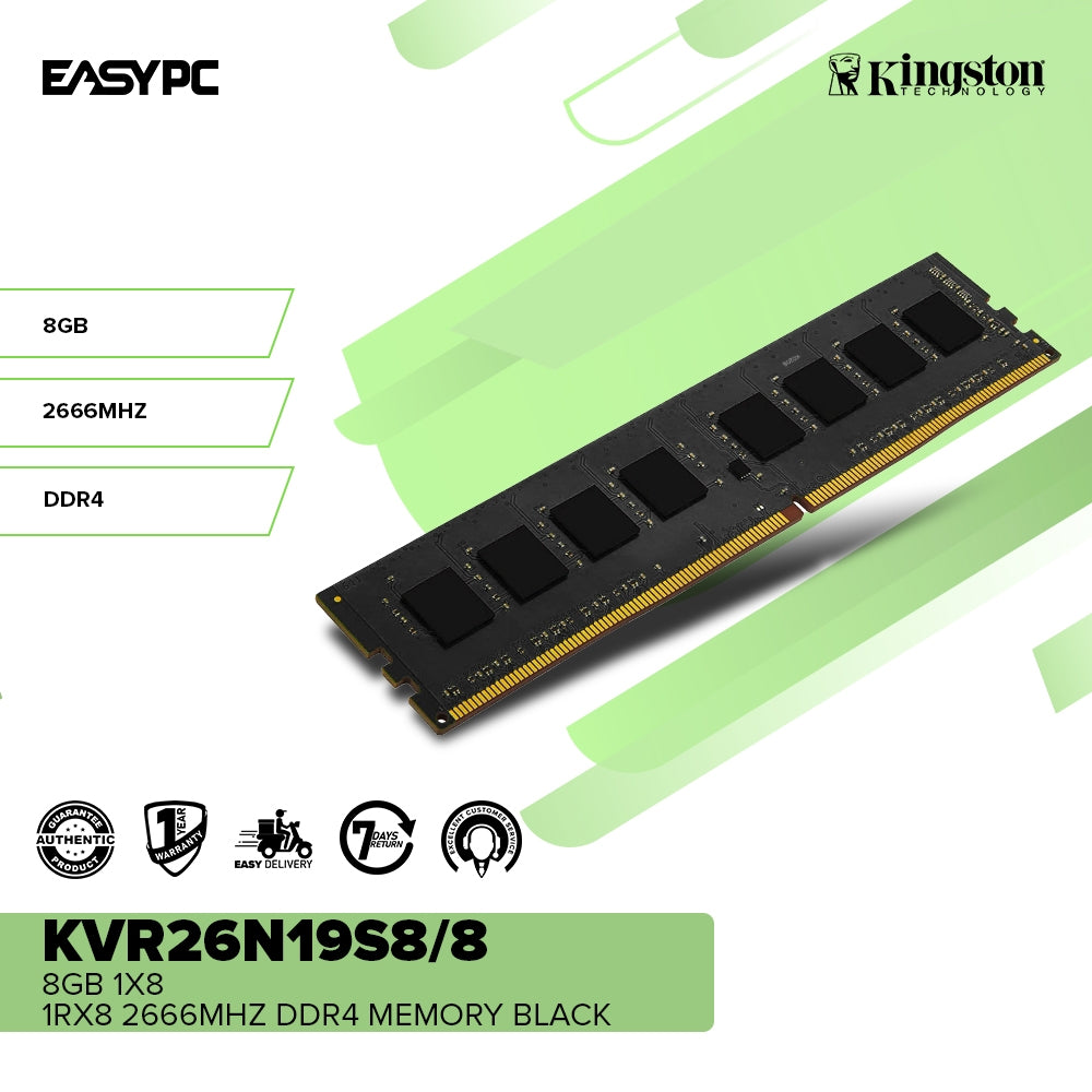 Kingston KVR26N19S8/8 8gb 1x8 1Rx8 2666mhz Ddr4 Memory Black