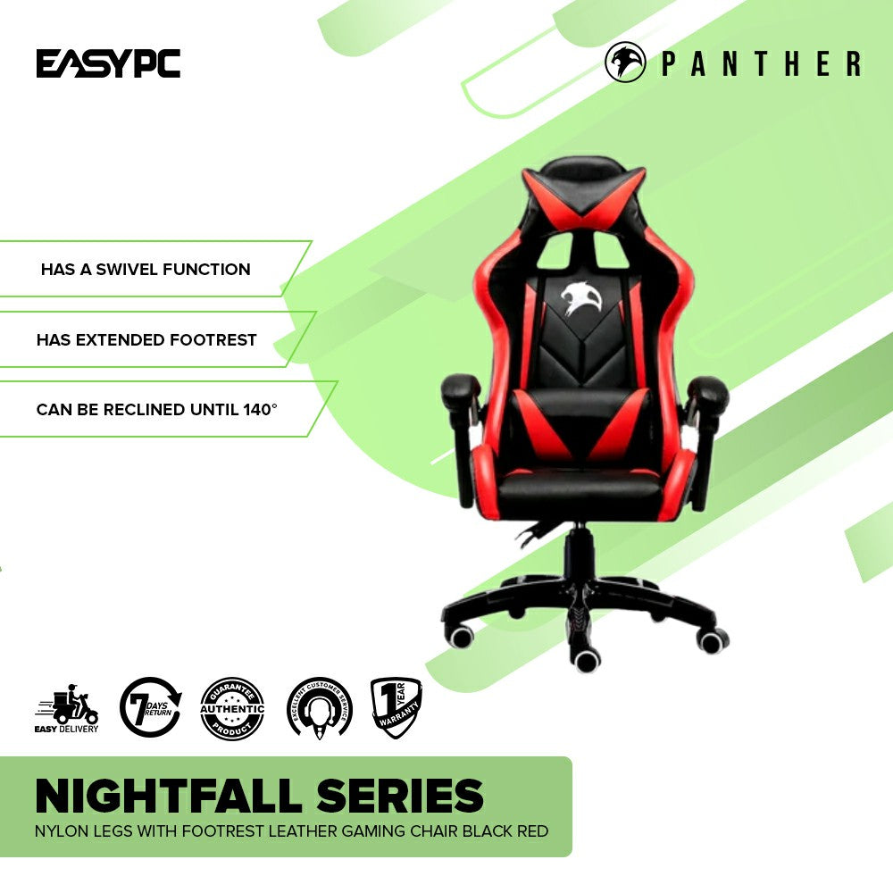 Panther Nightfall Series Nylon Legs with Footrest Leather Gaming Chair Black Red