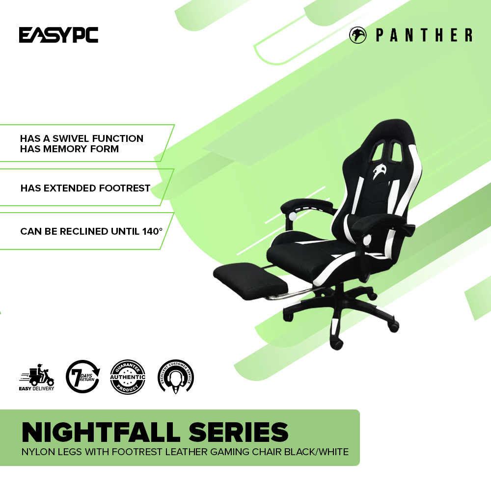 Panther Nightfall Series Nylon Legs with Footrest Leather Gaming Chair Black White