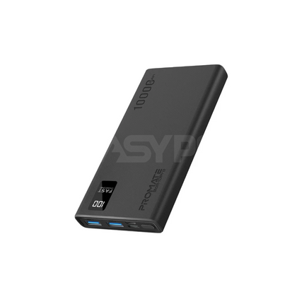 Promate Bolt-10Pro 10000mAh Compact Smart Charging Power Bank with Dual USB-A & USB-C Output Black-b