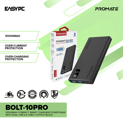Promate Bolt-10Pro 10000mAh Compact Smart Charging Power Bank with Dual USB-A & USB-C Output Black