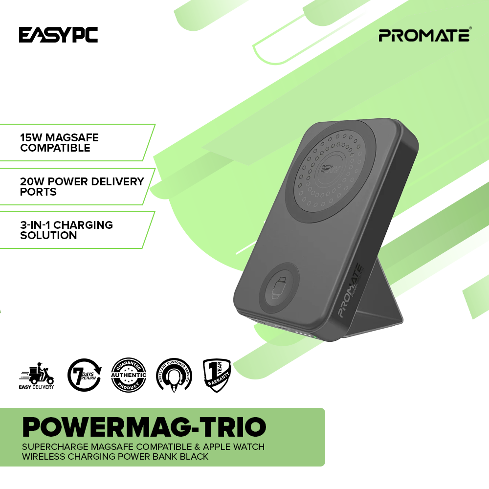 Promate PowerMag-Trio SuperCharge MagSafe Compatible Apple Watch Wireless Charging Power Bank Black