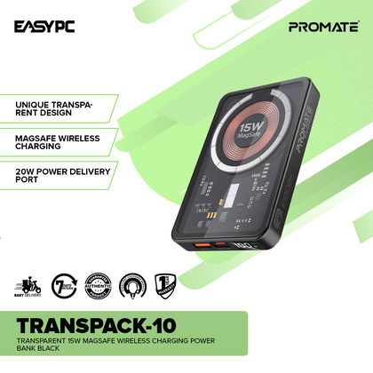 Promate TransPack-10 Transparent 15W MagSafe wireless charging power bank Black