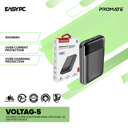 Promate VolTag-5 5000mAh Super-Slim Power Bank with Dual 2A USB Ports Black