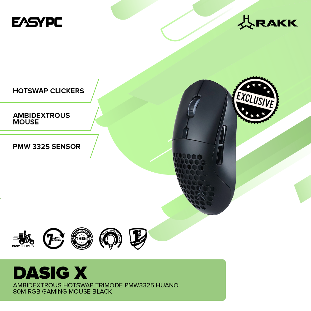 RAKK DASIG X Ambidextrous Hotswap Trimode PMW3325 Huano 80M RGB Gaming Mouse Black