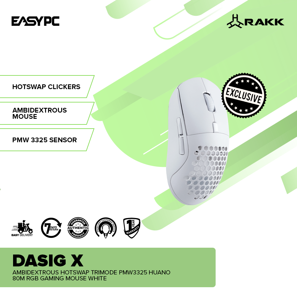 RAKK DASIG X Ambidextrous Hotswap Trimode PMW3325 Huano 80M RGB Gaming Mouse White