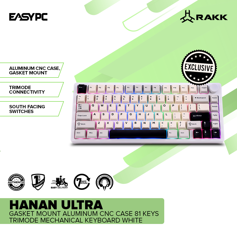 RAKK Hanan Ultra|Gasket Mount Aluminum CNC Case|81 Keys Trimode Mechanical Keyboard|White-a