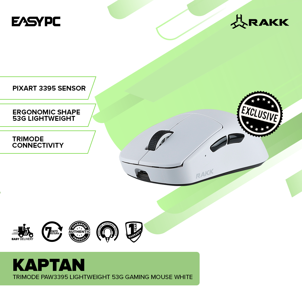 RAKK KAPTAN Trimode PAW3395 Lightweight 53g Gaming Mouse White-a